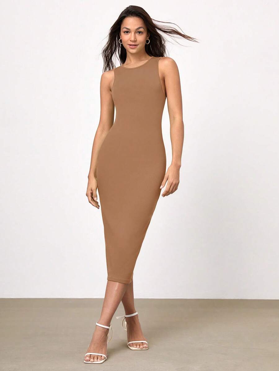 SHEIN BASICS Solid Bodycon Dress - Mocha Brown - View 1