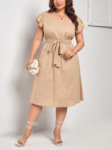 SHEIN Unity Plus Butterfly Sleeve Belted Dress - Khaki - View 2