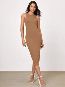 SHEIN BASICS Solid Bodycon Dress - Mocha Brown - View 3