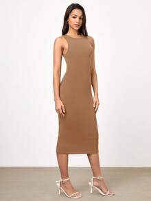 SHEIN BASICS Solid Bodycon Dress - Mocha Brown - View 4