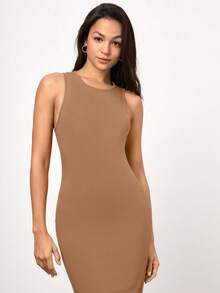 SHEIN BASICS Solid Bodycon Dress - Mocha Brown - View 5