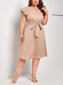 SHEIN Unity Plus Butterfly Sleeve Belted Dress - Khaki - View 5