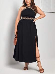 SHEIN VCAY Plus Contrast Tape Split Thigh Dress - Black - View 3