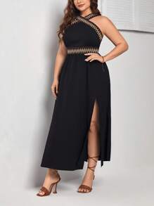 SHEIN VCAY Plus Contrast Tape Split Thigh Dress - Black - View 5