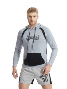Men Letter Graphic Kangaroo Pocket Raglan Sleeve Drawstring Sports Sweatshirt - Light Grey - View 1