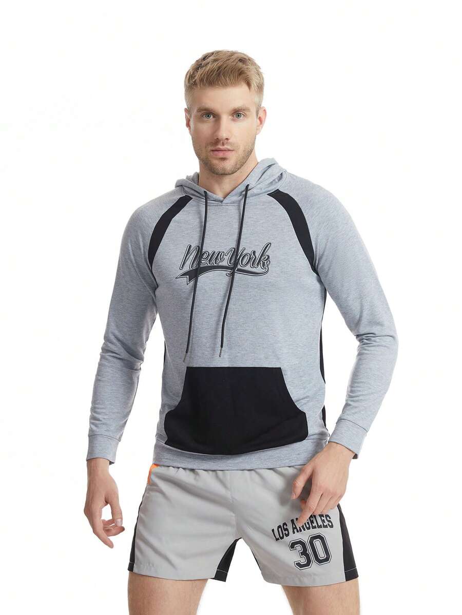 Men Letter Graphic Kangaroo Pocket Raglan Sleeve Drawstring Sports Sweatshirt - Light Grey - View 1