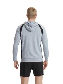 Men Letter Graphic Kangaroo Pocket Raglan Sleeve Drawstring Sports Sweatshirt - Light Grey - View 2