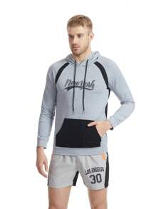 Men Letter Graphic Kangaroo Pocket Raglan Sleeve Drawstring Sports Sweatshirt - Light Grey - View 6