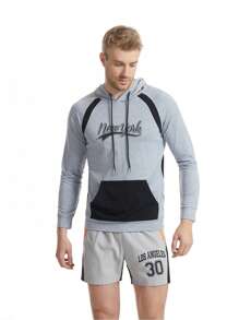Men Letter Graphic Kangaroo Pocket Raglan Sleeve Drawstring Sports Sweatshirt - Light Grey - View 7