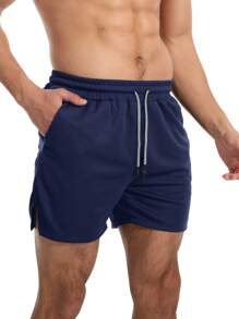 Manfinity Sport Corelite Men Split Hem Drawstring Waist Sports Shorts With Phone Pocket Gym Shorts Jogger Shorts - Navy Blue - View 3