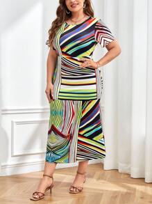 SHEIN Clasi Plus Abstract Striped Print Dress - Multicolor - View 3