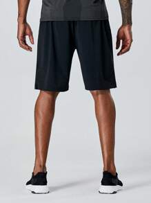 Manfinity Fitness Men Letter Graphic Drawstring Waist Zip Pocket Side Sports Shorts Gym Shorts Sweat Pants Black Shorts - Black - View 2