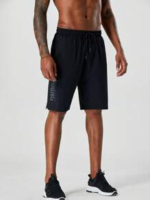 Manfinity Fitness Men Letter Graphic Drawstring Waist Zip Pocket Side Sports Shorts Gym Shorts Sweat Pants Black Shorts - Black - View 5