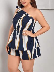 SHEIN Privé 大碼撞色單肩上衣和短褲 - 彩色 - 查看 5