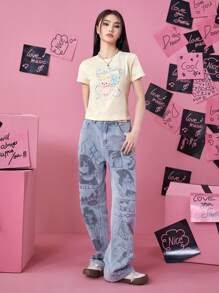 ROMWE Anime 人像圖案直筒牛仔褲 - 淺色水洗藍 - 查看 2