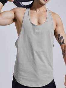 Manfinity Sport PWRUP Boyfriend Style Men Letter Graphic Racerback Sports Tank Top - Grey - View 3