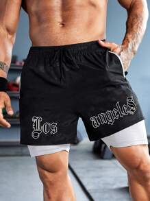 Manfinity Sport Corelite Men Letter Graphic Drawstring Waist 2 In 1 Sports Shorts Sweat Pants Black Shorts - Black - View 1