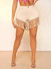 SHEIN SXY Solid Fringe Trim Shorts - Apricot - View 1