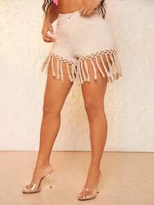 SHEIN SXY Solid Fringe Trim Shorts - Apricot - View 3