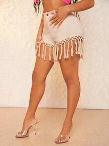SHEIN SXY Solid Fringe Trim Shorts - Apricot - View 5