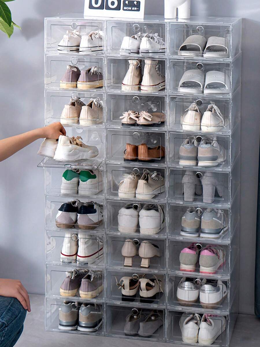 2pcs Clear Shoe Storage Box, Simple Plastic Foldable Shoes Box For Bedroom - Clear - View 1