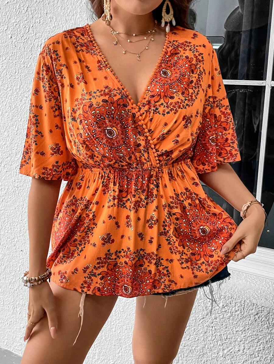 SHEIN Holidaya 大碼印花交疊領襯衫 - 橘色 - 查看 1