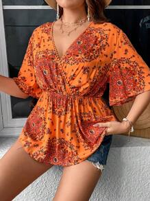 SHEIN Holidaya 大碼印花交疊領襯衫 - 橘色 - 查看 8