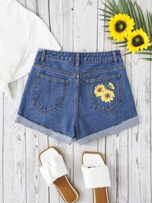 SHEIN 青少年女孩印花卷邊牛仔短褲 - 中等水洗藍 - 查看 1