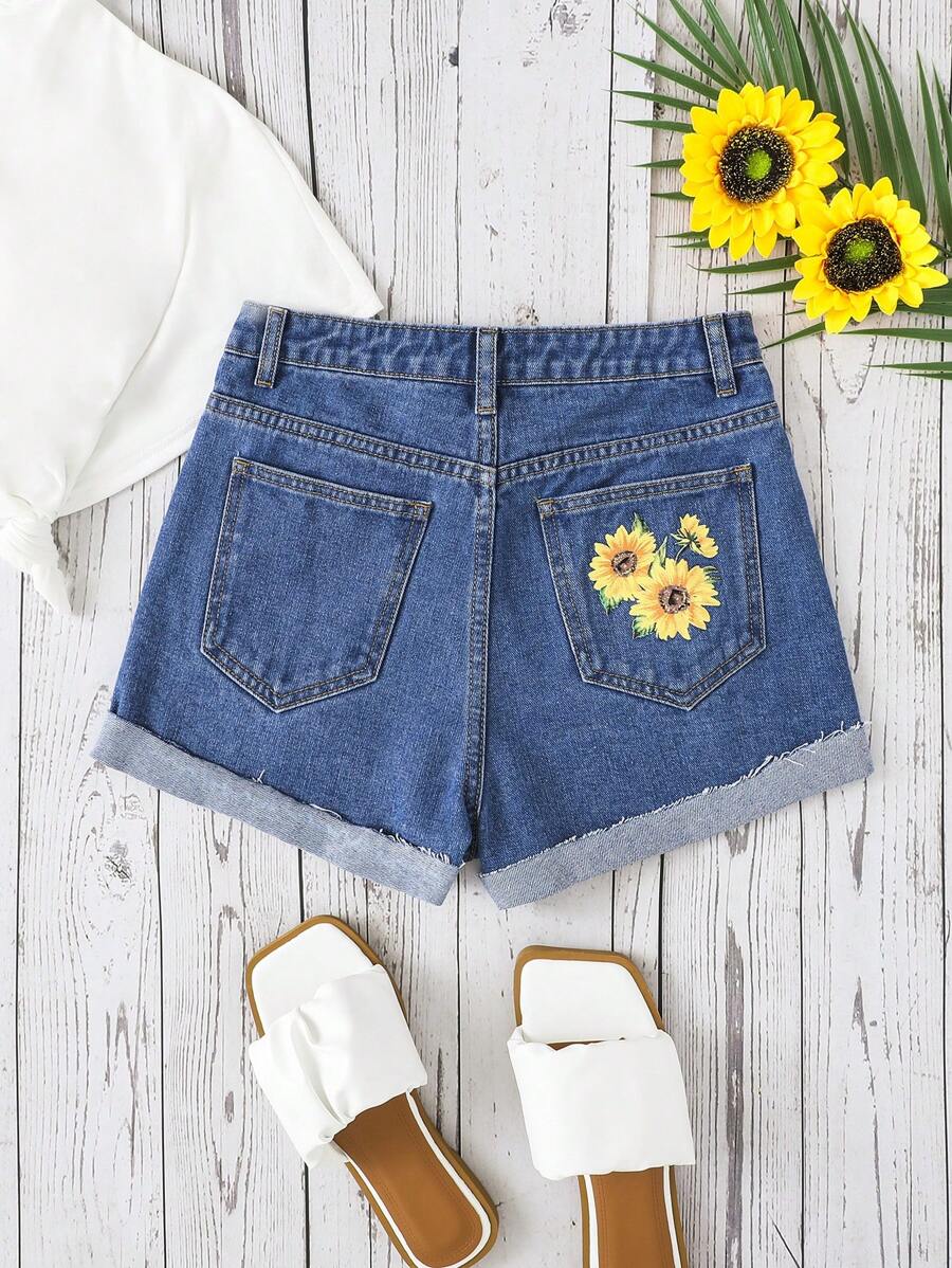 SHEIN 青少年女孩印花卷邊牛仔短褲 - 中等水洗藍 - 查看 1