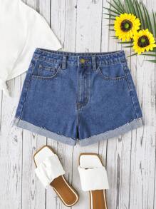 SHEIN 青少年女孩印花卷邊牛仔短褲 - 中等水洗藍 - 查看 2