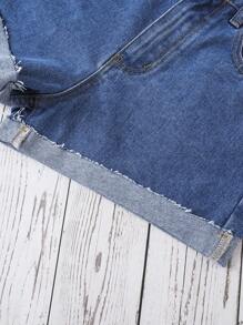 SHEIN 青少年女孩印花卷邊牛仔短褲 - 中等水洗藍 - 查看 3