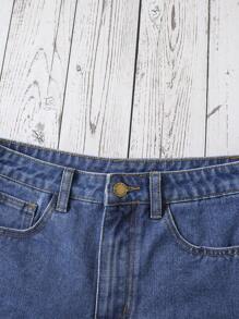 SHEIN 青少年女孩印花卷邊牛仔短褲 - 中等水洗藍 - 查看 5