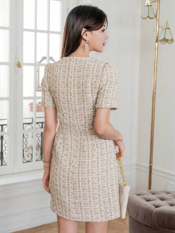 DAZY Puff Sleeve Tweed Fitted Dress SHEIN USA