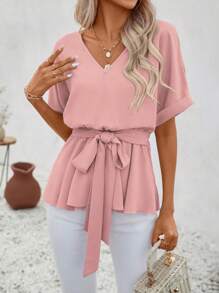 SHEIN VCAY Solid Batwing Sleeve Belted Blouse - Dusty Pink - View 1
