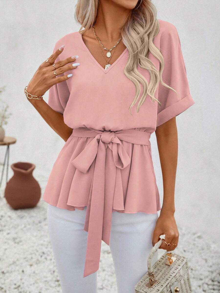 SHEIN VCAY Solid Batwing Sleeve Belted Blouse - Dusty Pink - View 1