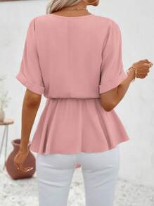 SHEIN VCAY Solid Batwing Sleeve Belted Blouse - Dusty Pink - View 2