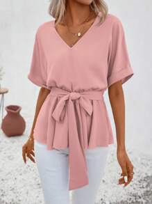 SHEIN VCAY Solid Batwing Sleeve Belted Blouse - Dusty Pink - View 4