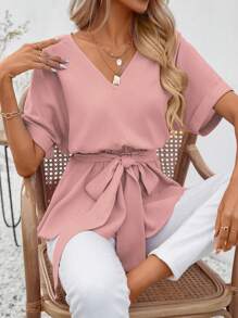 SHEIN VCAY Solid Batwing Sleeve Belted Blouse - Dusty Pink - View 6