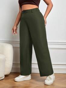 SHEIN Essnce Quần Plus Size Nút màu trơn Giải trí - xanh quân đội - Xem 1