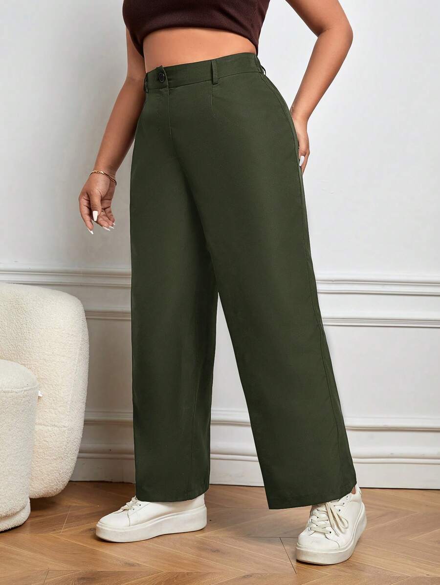 SHEIN Essnce Quần Plus Size Nút màu trơn Giải trí - xanh quân đội - Xem 1