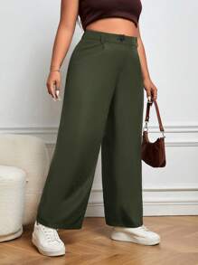 SHEIN Essnce Quần Plus Size Nút màu trơn Giải trí - xanh quân đội - Xem 3