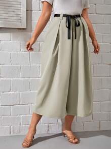 SHEIN Essnce 大碼褶皺腰帶闊腿褲 - 卡其色 - 查看 4