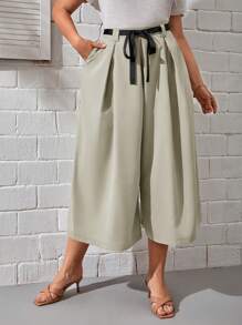SHEIN Essnce 大碼褶皺腰帶闊腿褲 - 卡其色 - 查看 6
