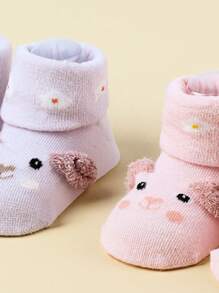 2雙嬰兒防滑卡通圖案學步襪適用於日常 - 粉色 - 查看 2