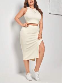SHEIN Privé Plus Solid Tank Top & Split Thigh Skirt - Beige - View 3