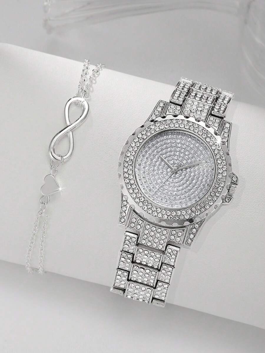 khorasan 1入組女士銀色不銹鋼錶帶迷人水鑽裝飾圓形錶盤石英手錶和1入組心形和數字裝飾鏈手鍊用於日常裝飾 - 銀色 - 查看 1