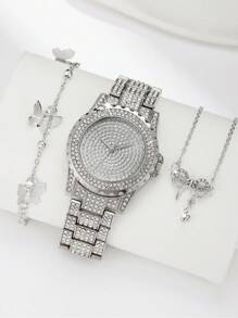 khorasan 1 Nữ Bạc Dây Thép Không Gỉ Quyến Rũ Đá Trang Trí Mặt Tròn Đồng Hồ Thạch Anh & 2 Bộ Trang Sức, Cho Cuộc Sống Hàng Ngày - Bạc - Xem 1