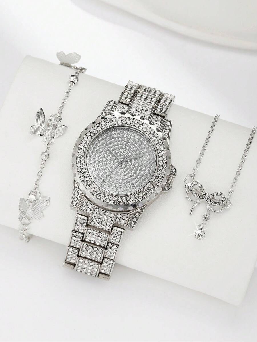 khorasan 1 Nữ Bạc Dây Thép Không Gỉ Quyến Rũ Đá Trang Trí Mặt Tròn Đồng Hồ Thạch Anh & 2 Bộ Trang Sức, Cho Cuộc Sống Hàng Ngày - Bạc - Xem 1