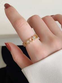 1入組魅力四射不銹鋼方晶鋯石裝飾鏤空開口戒指適合女士適用於禮品 - 金黃色 - 查看 5