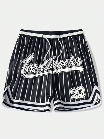 Prep Men Striped & Letter Graphic Drawstring Waist Mesh Basketball Shorts